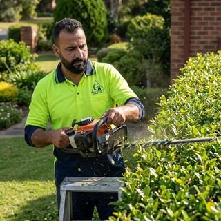 Green 1 gardener trimming a hedge with a petrol hedge trimmer