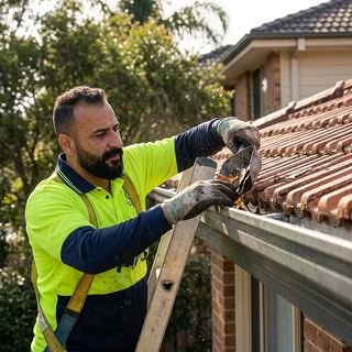 Green 1 gardener clearing leaves out of a roof gutter